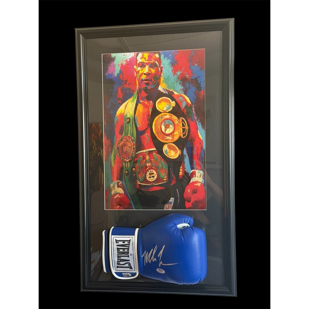 Mike Tyson Art Display WIth A Signed Blue Glove 29x17 Frame